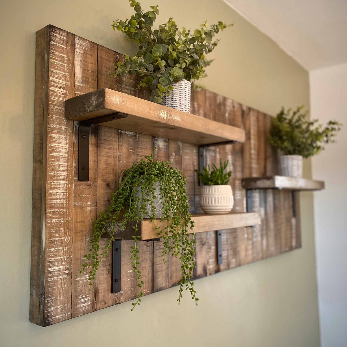 Rustic wooden wall shelving panel | aged wood | industrial | Warden&#39;s Crafts &amp; Creations | close-up view